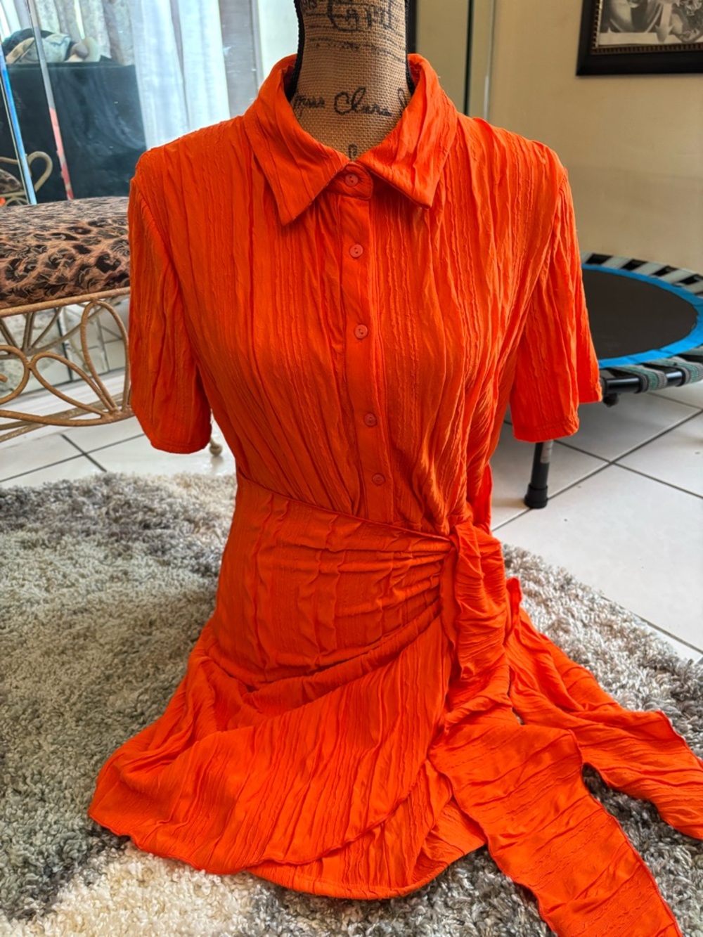 SHEIN Orange Button-Front Tie-Waist Midi Dress